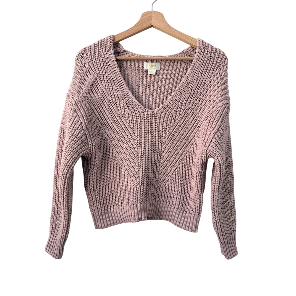 Anthropologie Maeve Womens XS Mauve Chunky Knit V Neck Cropped Sweater Pullover